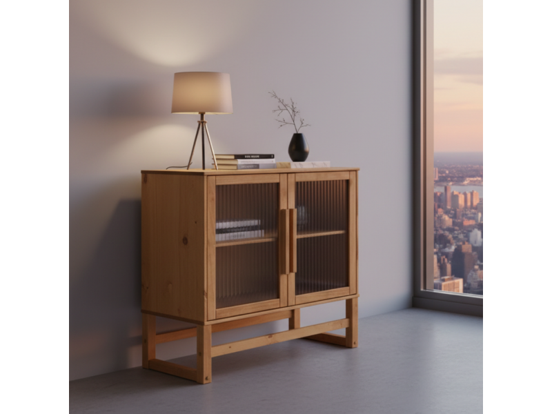 BALCÃO com vidro canelado em cera com toque acetinado natural DE MADEIRA MACIÇA com 2 PORTAS e prateleira interna / coleção Acapulco